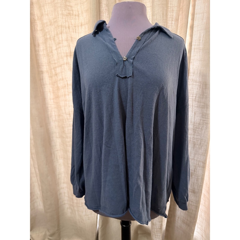 Umgee Slate Blue Cotton Blend Oversized V-Neck Knit Top Plus Size 1XL WG2165